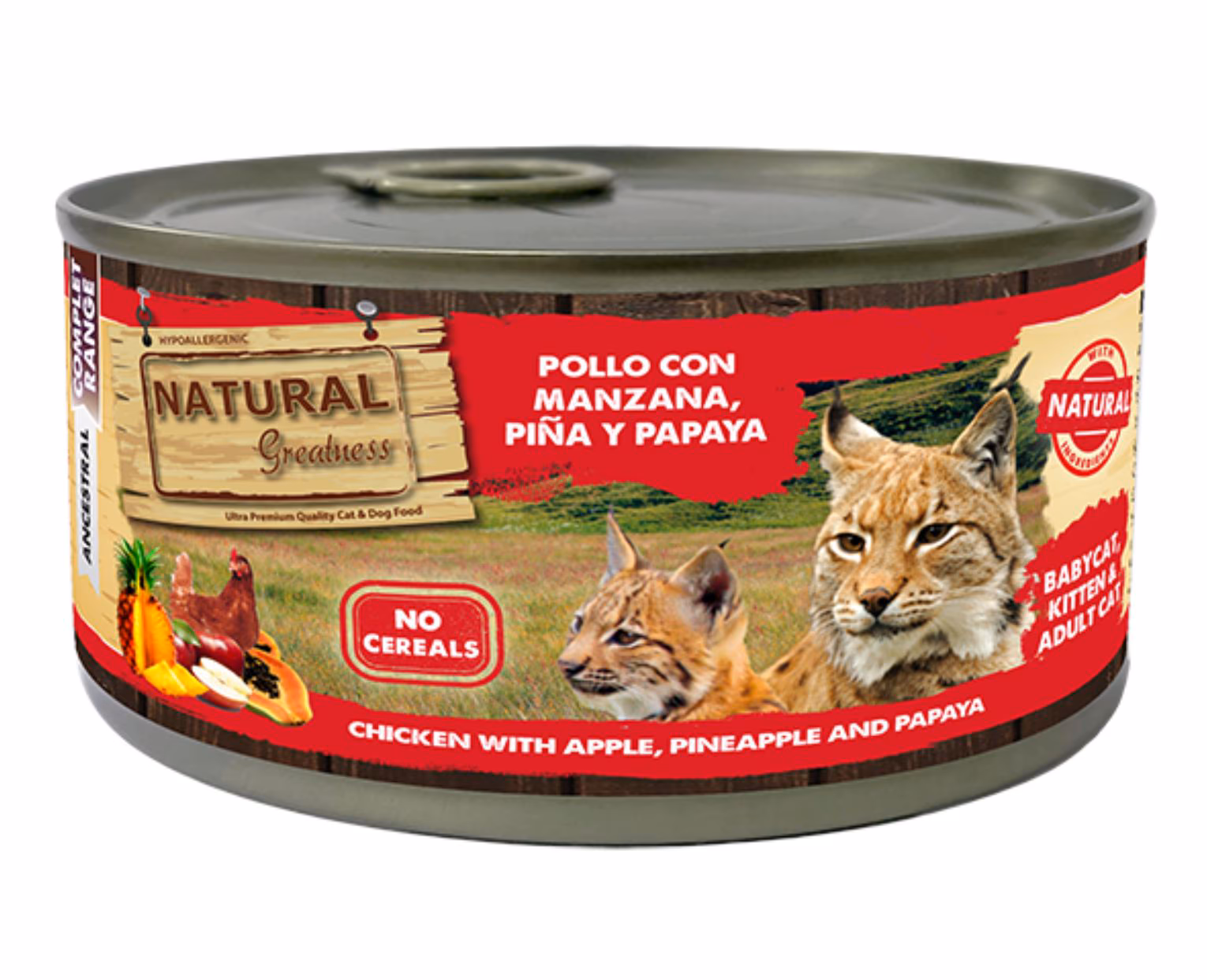 Natural Greatness Frango com Maçã, Abacaxi e Papaia 185g Alimento Húmido para Gatos